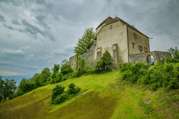 Fototapeta na wymiar Beautiful view on Sargans castle located on small hilltop above the city of Sargans