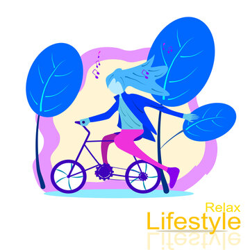 Vector life style girl riding a bicycle with the background, tree and nature