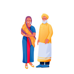 Indian senior couple, isolated on white background. Indian woman in sari, man in shirt and turban. Vector illustration