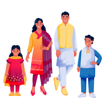 Indian Family With Two Kids On White Background. Father, Mother, Boy, Girl In Traditional Clothing. Vector Illustration