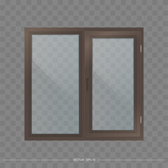 Dark brown metal-plastic window with transparent glasses. Modern window in a realistic style. Vector.