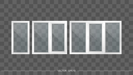 Set of metal-plastic windows with transparent glasses. Modern windows in a realistic style. Vector.