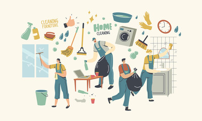 Characters in Uniform with Equipment Cleaning Windows, Bathroom and Living Room. Service of Professional Cleaners at Work Mopping, Clean Floor, Rub, Sweeping at Home. Linear People Vector Illustration