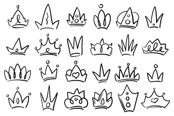 Playful crown set on white background. Black handdrawn doodle for king and queen, prince and princess