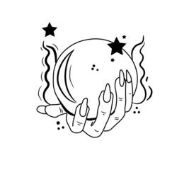 A hand holding a magic ball, a glass wheel, predicts the future, a witch and magic, spells