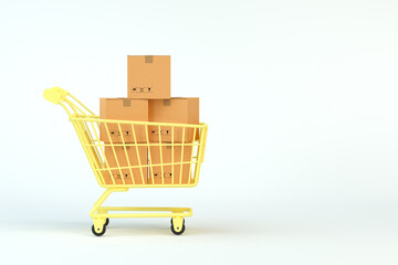 Package boxes and yellow shopping cart, 3d rendering.