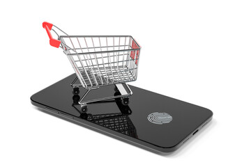 Mobile phone with shopping cart on it, 3d rendering.