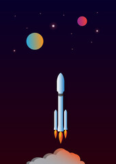 Vector illustration rocket launch to the space with planets and stars 