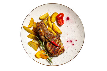 Steak with fried potatoes on white background