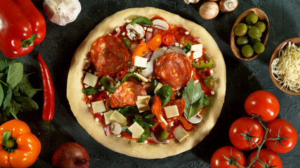 Top view of pizza meal preparation