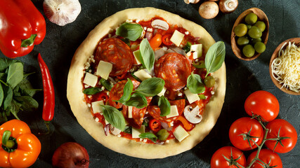 Top view of pizza meal preparation
