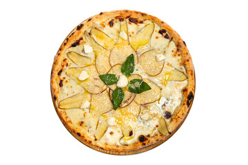 Pizza with cheese and pear on a white background