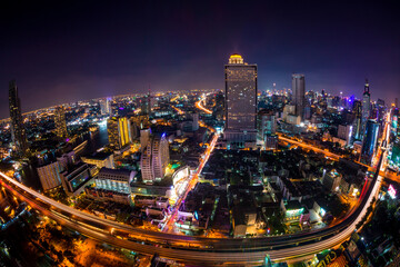 Fototapeta na wymiar Fisheye photography of the Bangkok city at night, Thailand.