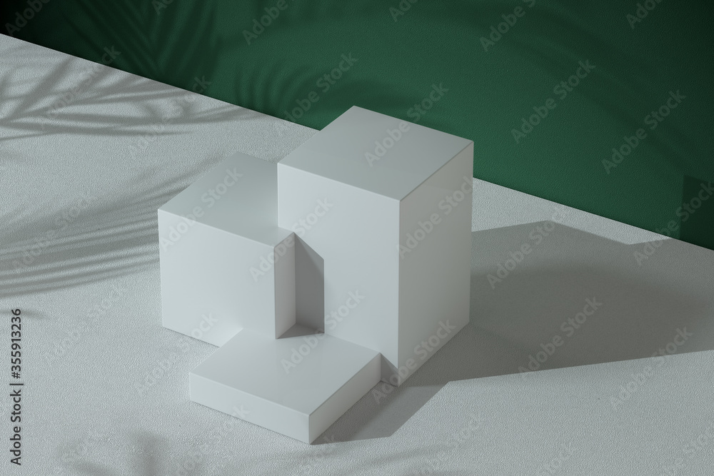 Poster cube object stand with green wall, 3d rendering.