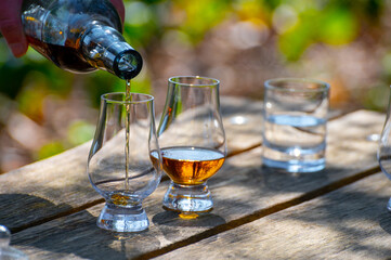 Tasting of scotch single malt whisky from Islay island, most intensely flavoured of all whiskies in Scotland