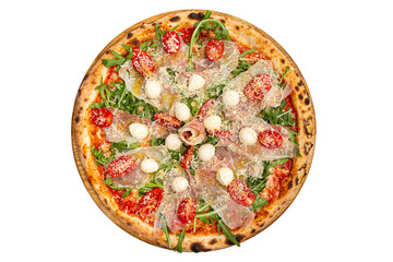 Pizza with cheese, meat and tomatoes on a white background