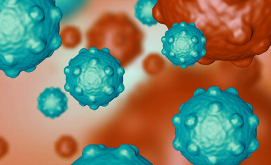 Illustration of virus cells or bacteria molecule under microscope. Abstract 3d illustration corona virus cells.Pathogen respiratory influenza. Flying Covid virus cells