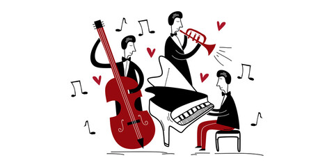 Jazz band music festival. Three jazz players playing group music in a concert isolated flat vector. Pianist playing piano, trumpet, and cello. Creative cartoon style. © ngupakarti