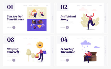 Bipolar Disorder Landing Page Template Set. Female Character with Mental Brain Neurological or Emotion Sickness Visit Psychiatrist Doctor for Psychological Help. Cartoon People Vector Illustration