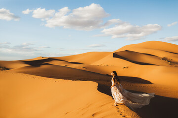Woman in amazing silk wedding dress with fantastic view of Sahara desert sand dunes in sunset light. Landscape of Morocco, Africa. - 355914680