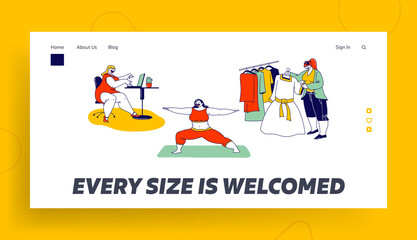 Obraz na płótnie Canvas Plus Size Women Lifestyle Landing Page Template. Fatty Female Characters Working in Office, Sports Exercising and Choose Modern Dress in Store, Bodypositive, Beauty. Linear People Vector Illustration