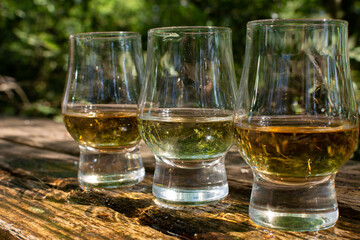 Tasting of different Scotch whiskies on outdoor terrace, dram of whiskey