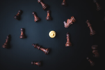 business success concept with chess, One leadership chess pieces staying against full set of chess...