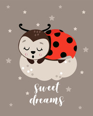 poster sweet dreams with ladybug - vector illustration, eps