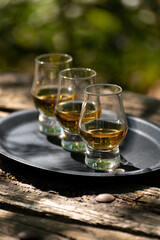 Tasting of different Scotch whiskies on outdoor terrace, dram of whiskey