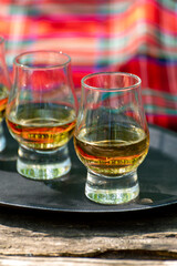Tasting of different Scotch whiskies on outdoor terrace, dram of whiskey and red tartan