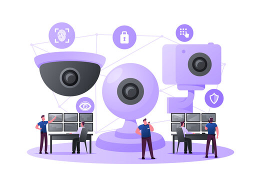 Security Characters Monitoring Surveillance System, Burglary Prevention. Tine Men at Huge Video Camers Looking at Multiple Monitors Controlling, Analyzing Situation. Cartoon People Vector Illustration