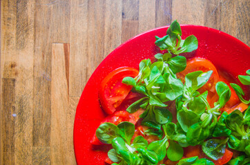 Tomato and valerian salad, topped with with oil, salt and pepper in red dish on wooden table
