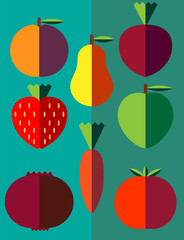 Vector illustration with vegetables and fruit on a blue background in the flat style. Vegan food