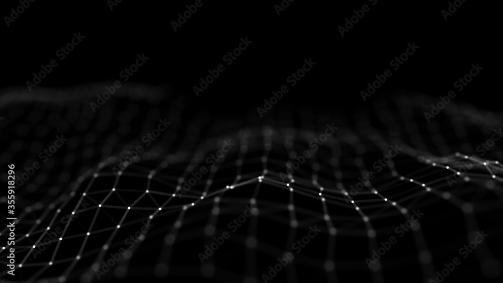 Poster wave 3d. wave of particles. abstract black geometric background. big data visualization. data techno