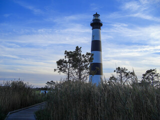 Nags Head, NC / USA - September 27, 2014: Scenic view of the Bodie Island Lighthouse on the Outer Banks of North Carolina at dawn