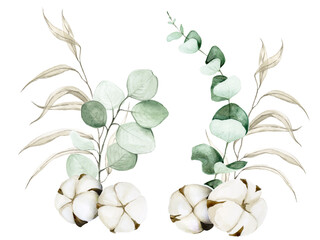 Fototapeta na wymiar watercolor drawing set of eucalyptus leaves, willow and cotton flowers. Bunch of leaves and cotton Isolated on a white background. clip art elements for graphic design, decoration of cards, weddings.