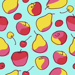 Vector seamless pattern with pears, apples and cherry. Composition of ripe fruits and berries on a light background. Design concept organic food.
