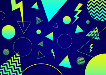 A green blue and cyan retro vaporwave 90's style random geometric shapes with vibrant neon color palette on a radial gradient background