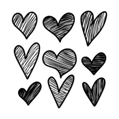 Set of 9 handdrawn heart. Handdrawn rough marker hearts isolated on white background. Vector illustration for your graphic design.