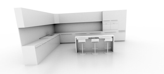 Original 3d rendering of a home kitchen; original 3d model, copy space image