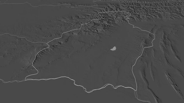 Surkhandarya, region with its capital, zoomed and extruded on the bilevel map of Uzbekistan in the conformal Stereographic projection. Animation 3D