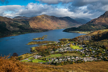 Autumn view of Scottish village of Ballachulish and Loch Leven in famous Glen Coe in Scottish Highlands.