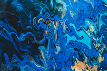 Fluorescent fluid art background in blue tints with gilding. Flowing ripple effect of liquid ink....