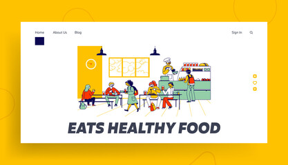 Children Eat in School Cafe Landing Page Template. Cafeteria with Tables and Chairs, Kids with Food Trays and Staff Character at Canteen Counter Bar Giving Meals. Linear People Vector Illustration