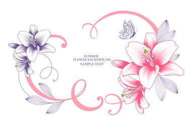 Festive floral frame with beautiful lily flower buds, curls and butterfly. Vector elements for creating greeting cards, wedding and solemn invitations.