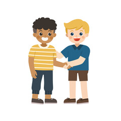 Happy boys standing and shaking hands making peace. Happy multiracial kids best friends. Happy boys catching each other's hand. School friendship.