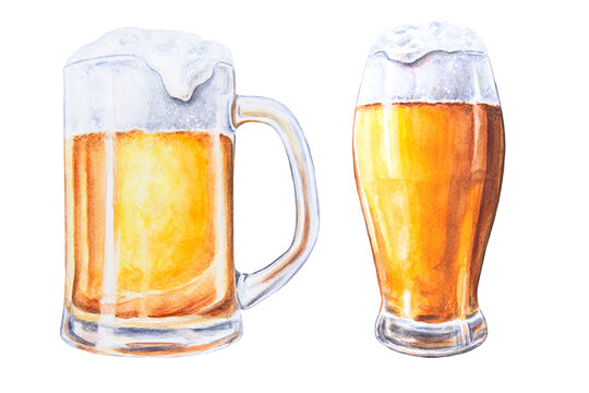 Watercolor hand drawn beer with foam in glass mugs on a white isolated background. Pint of beer