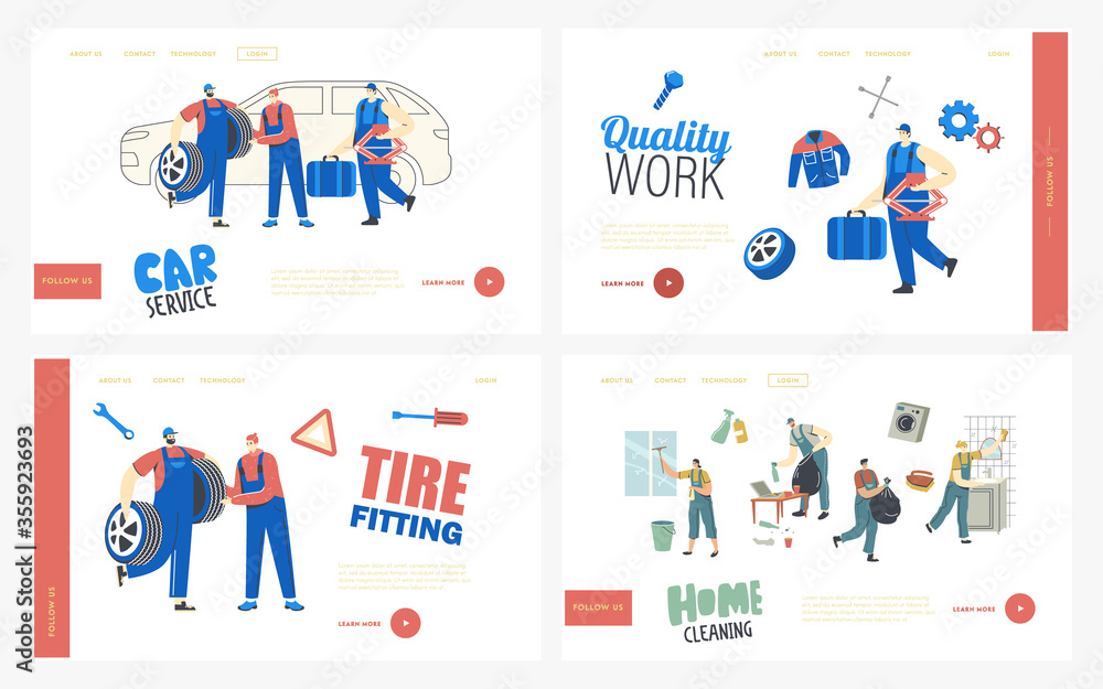 Poster auto maintenance and fixing service landing page template set. mechanics characters with instruments