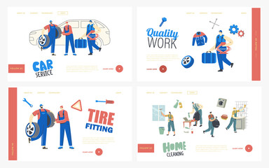 Obraz na płótnie Canvas Auto Maintenance and Fixing Service Landing Page Template Set. Mechanics Characters with Instruments. Car Diagnostics and Repair. Men Garage Station Staff Checking Auto. Linear Vector Illustration