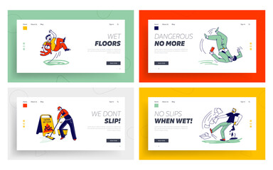 Wet Floor Caution Landing Page Template Set. People Get Trauma, Injure. Characters Slipping and Falling around of Janitor Cleaning Floor in Airport, Office or Public Place. Linear Vector Illustration